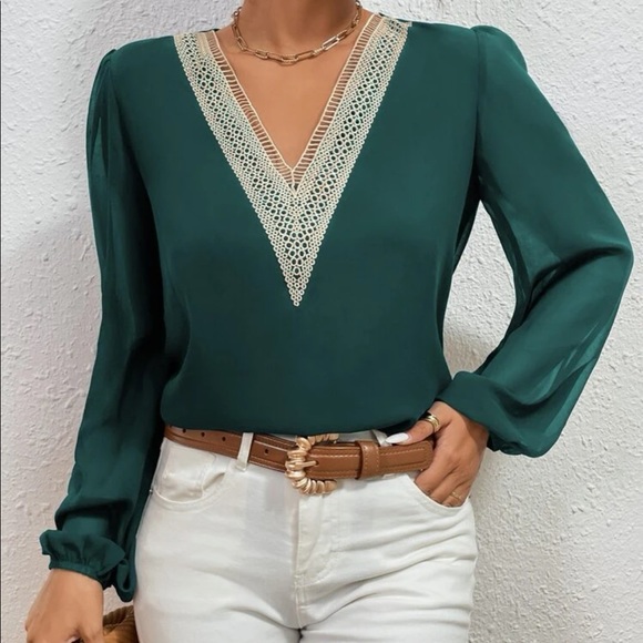 Classic navy blue  lace V neck blouse - Picture 2 of 15